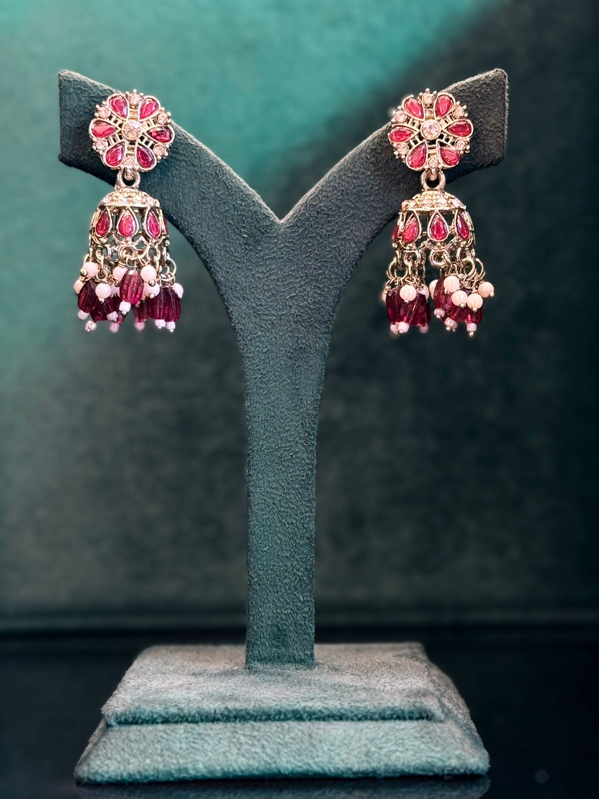 Pink Stone Jhumka Earrings with Ruby & Pearl Drops,llb916