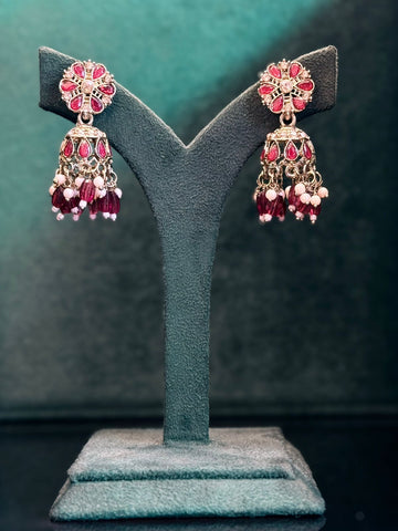 Pink Stone Jhumka Earrings with Ruby & Pearl Drops,llb916