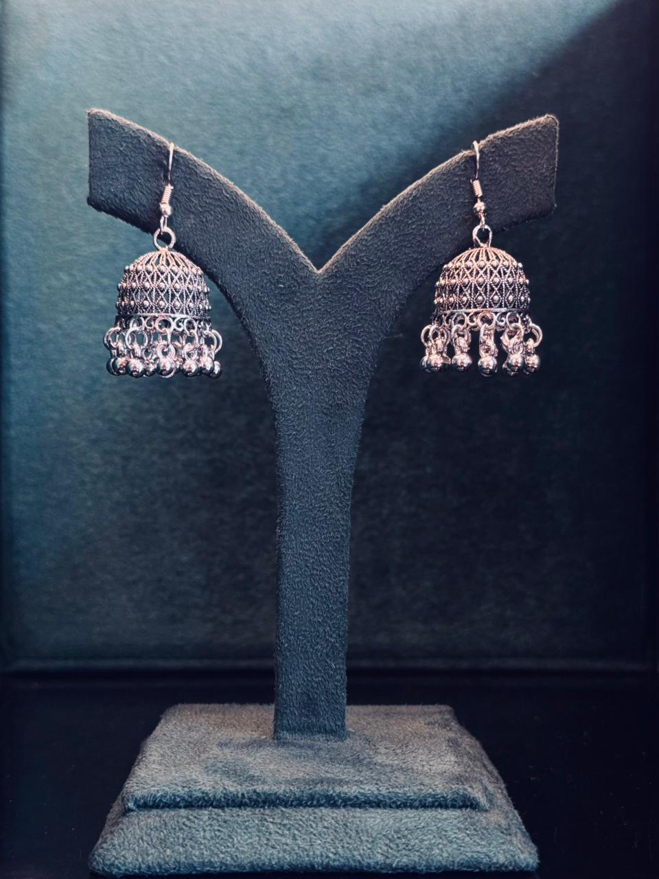 Oxidised Silver Filigree Jhumka Earrings with Bell Drops,llb919