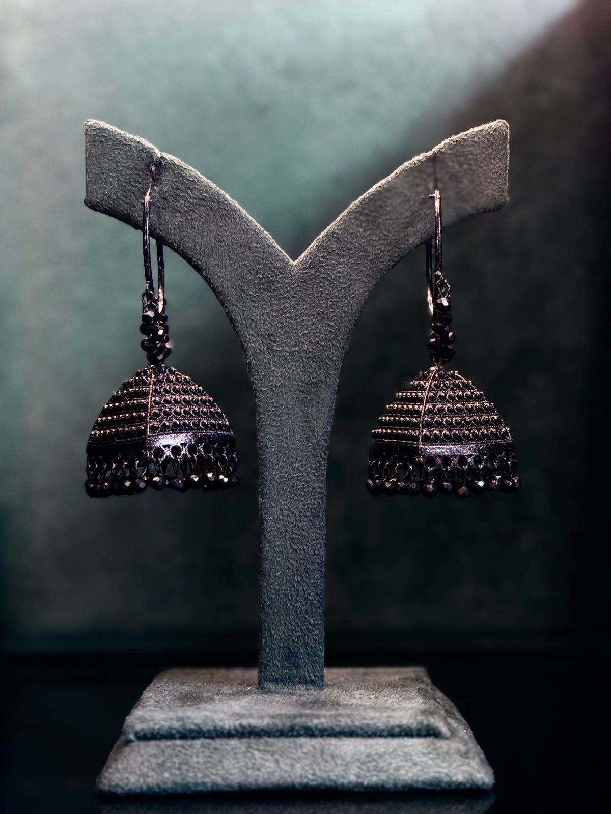 Black Crystal Jhumka Earrings | Gunmetal Hook Earrings,llb921