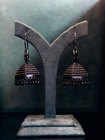 Black Crystal Jhumka Earrings | Gunmetal Hook Earrings,llb921