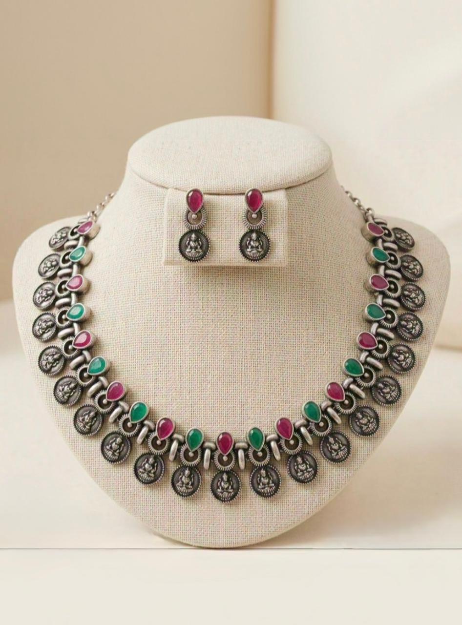 Oxidised Silver Lakshmi Coin Necklace Set with Ruby & Emerald Stones,ll922