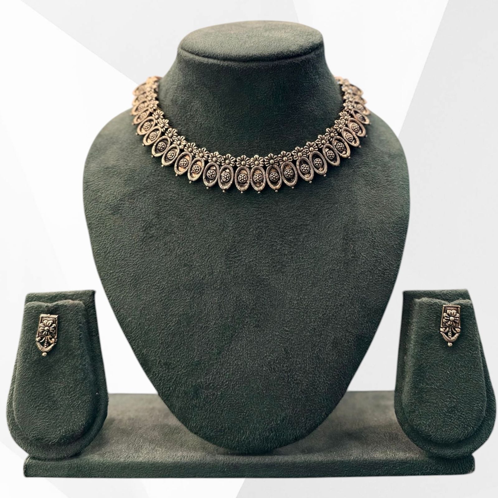 Oxidised Silver Floral Necklace & Earring Set | Llabel Fashion,llb925