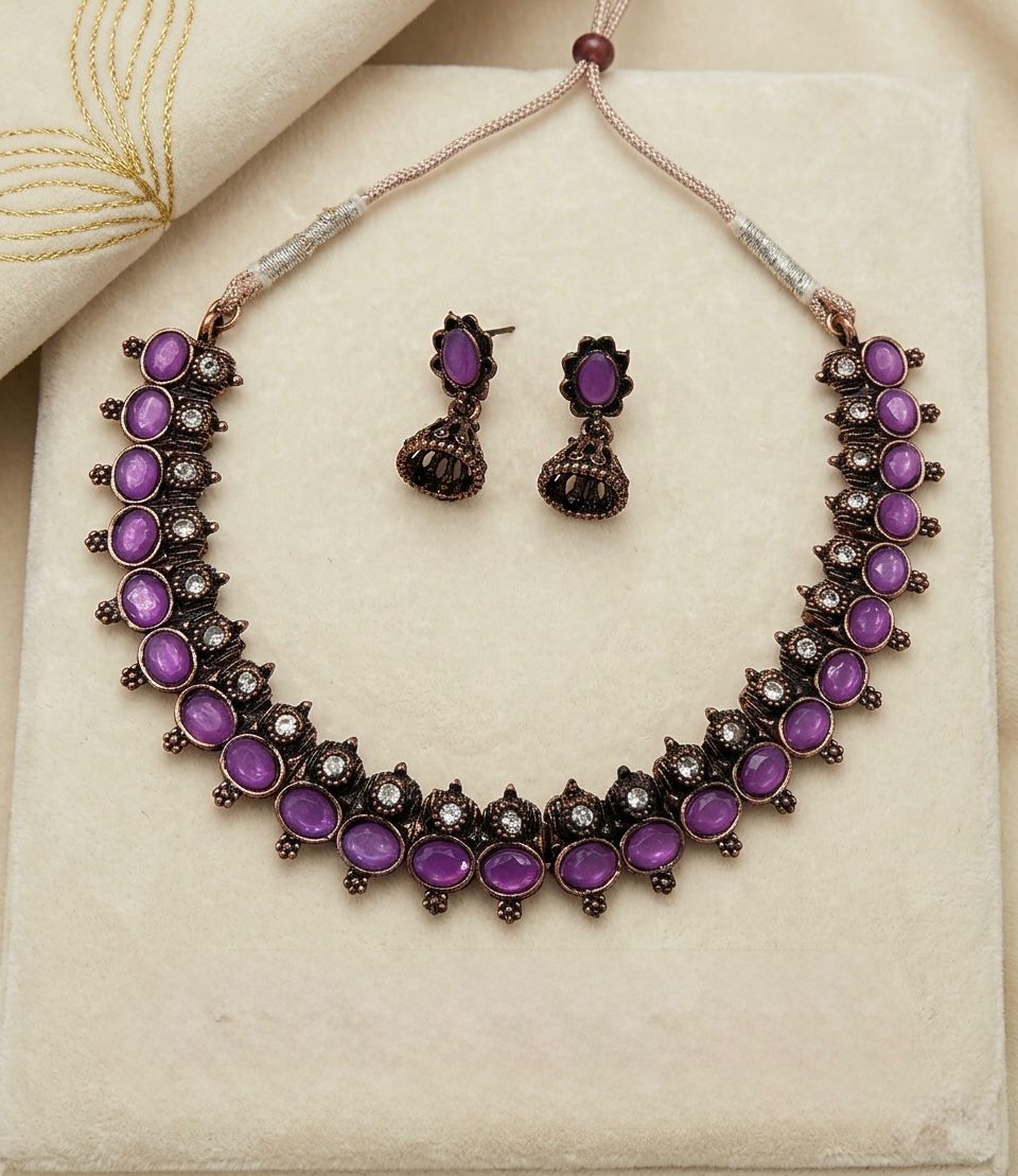 Purple Stone Oxidised Necklace & Jhumka Earring Set | Llabel Fashion,llb926