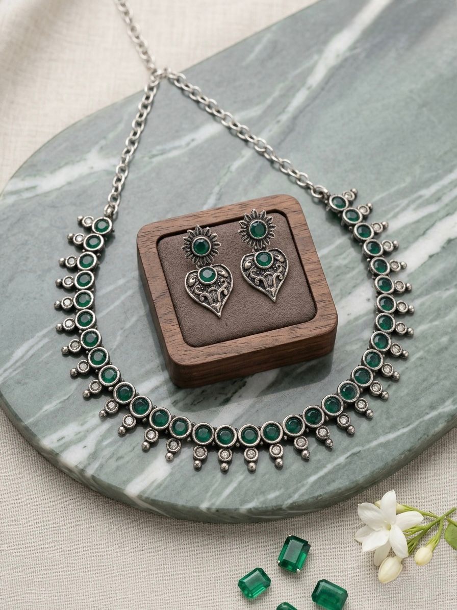 Green Stone Oxidised Silver Choker Necklace & Earring Set,LLB927