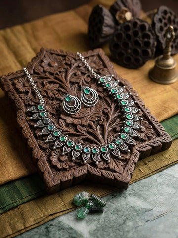 Green Stone Oxidised Silver Peacock Necklace & Earring Set,LLB928