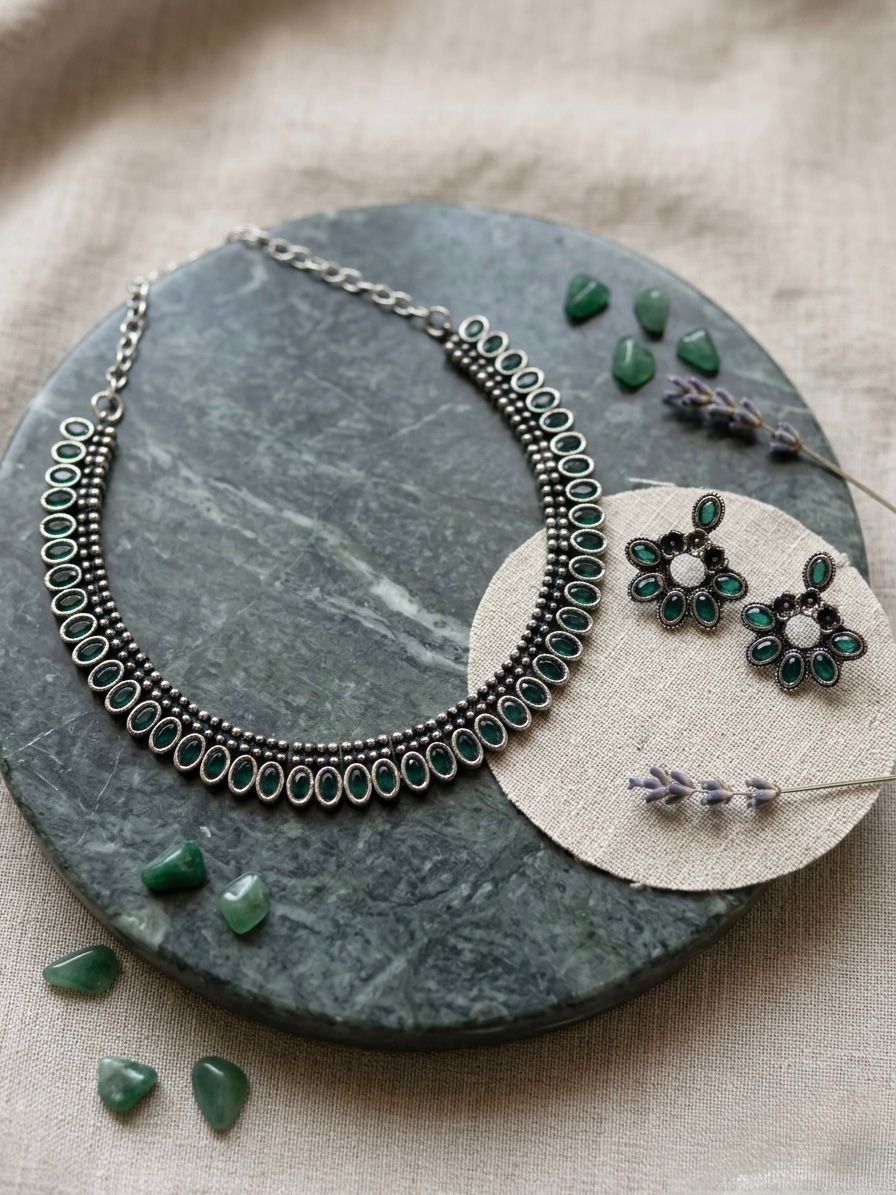 Green Stone Oxidised Silver Oval Choker Necklace & Earring Set,LLB929