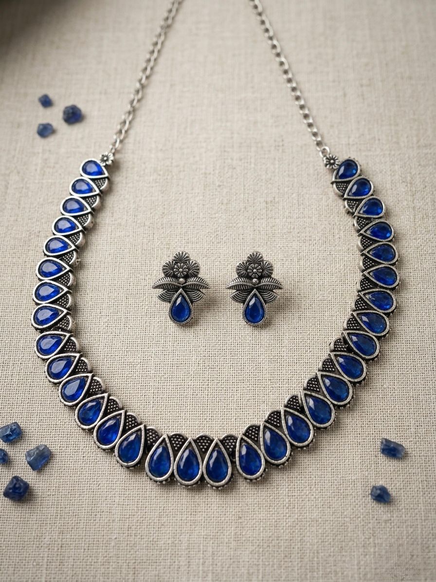 Blue Stone Oxidised Silver Teardrop Necklace & Earring Set,LLB930