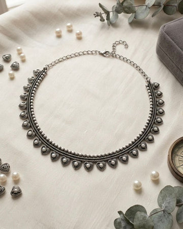 Oxidised Silver Pearl Heart Choker Necklace | Llabel Fashion,LLB936