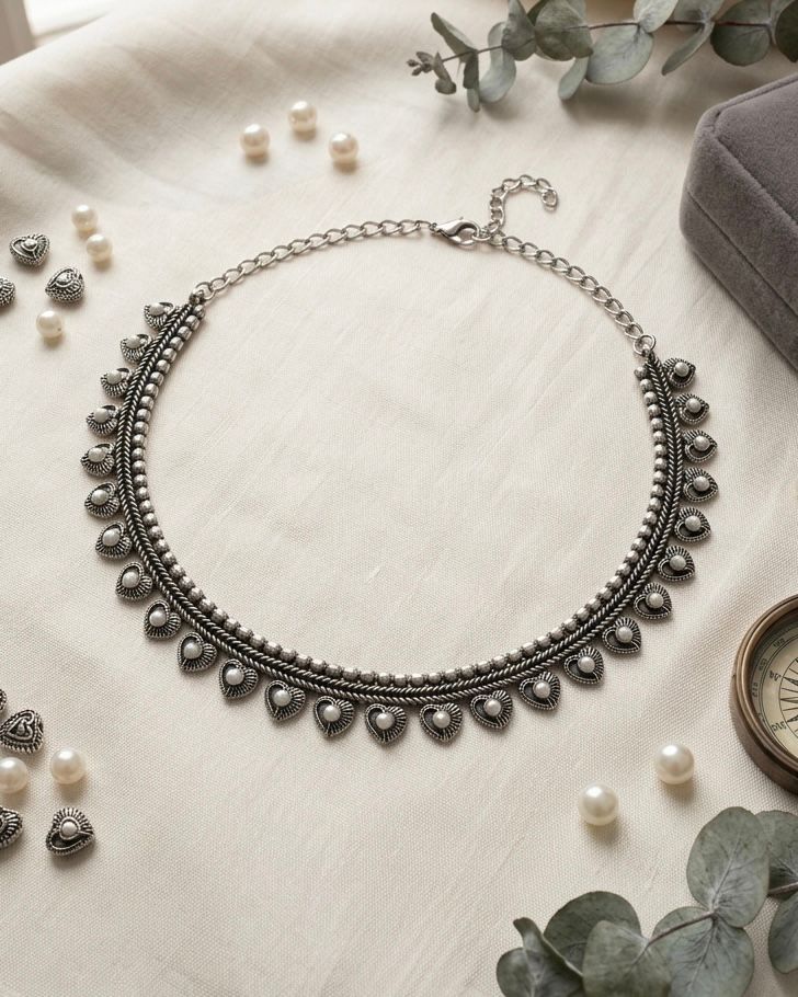 Oxidised Silver Pearl Heart Choker Necklace | Llabel Fashion,LLB936