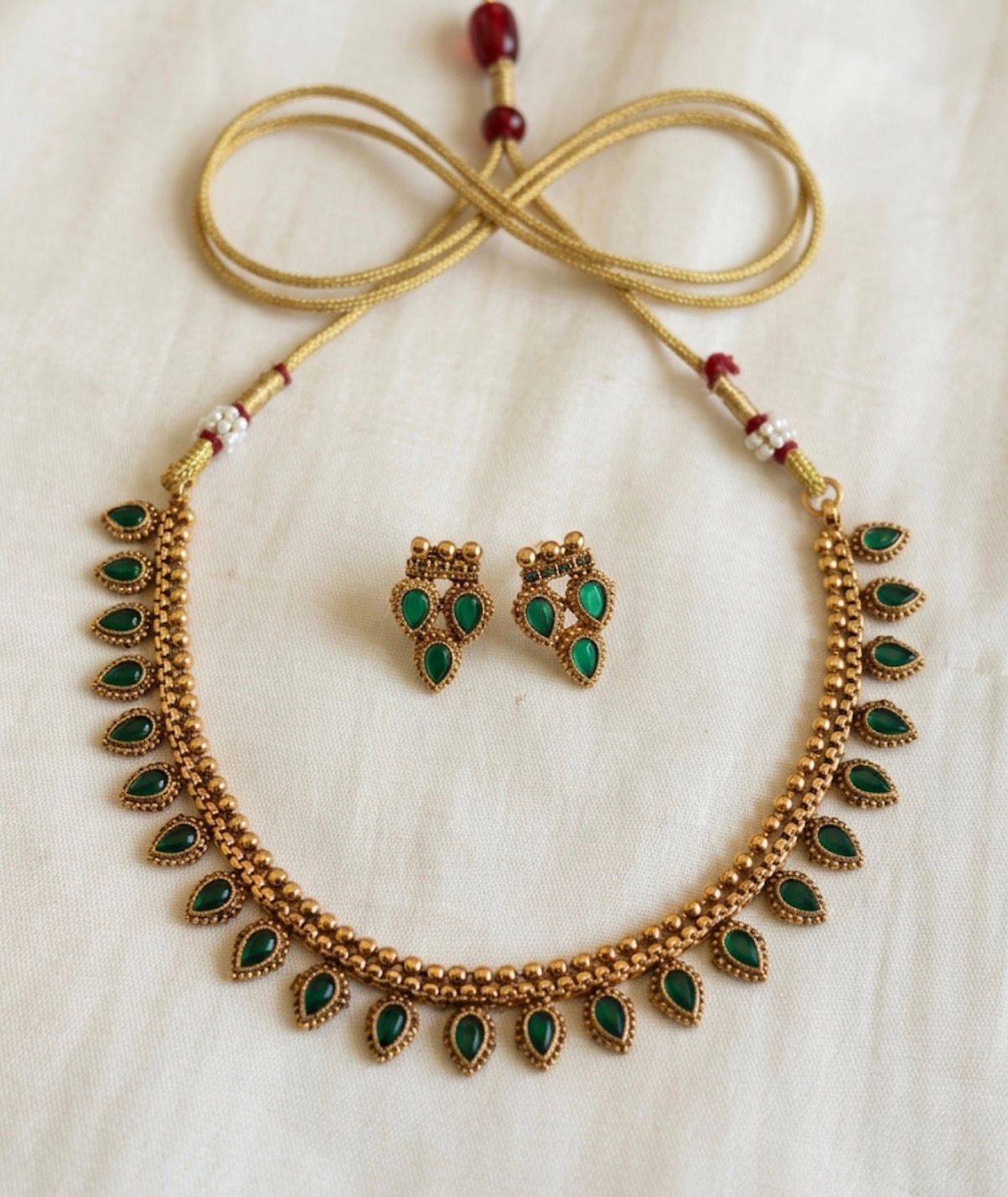 Antique Gold Green Stone Necklace & Earrings Set | Llabel Fashion,llb939