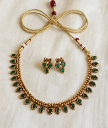 Antique Gold Green Stone Necklace & Earrings Set | Llabel Fashion,llb939