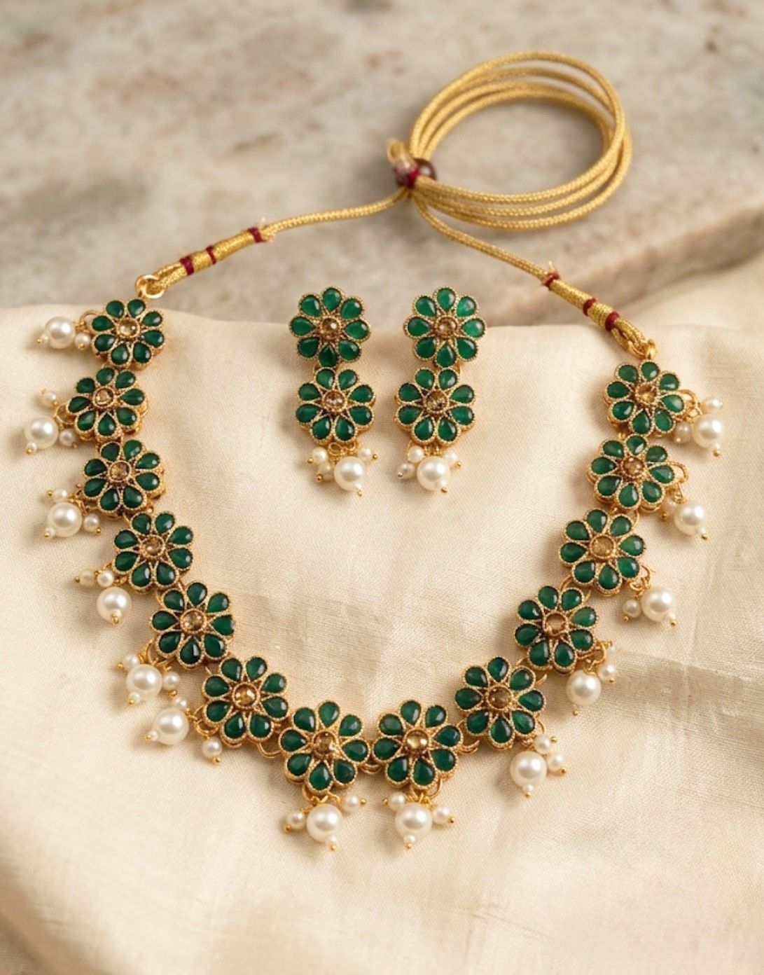 Antique Gold Green Floral Necklace & Earrings Set | Llabel Fashion,llb340