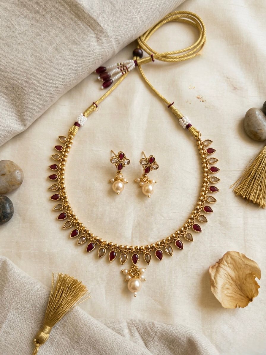 Antique Gold Ruby Kemp Necklace & Earrings Set | Llabel Fashion,llb941