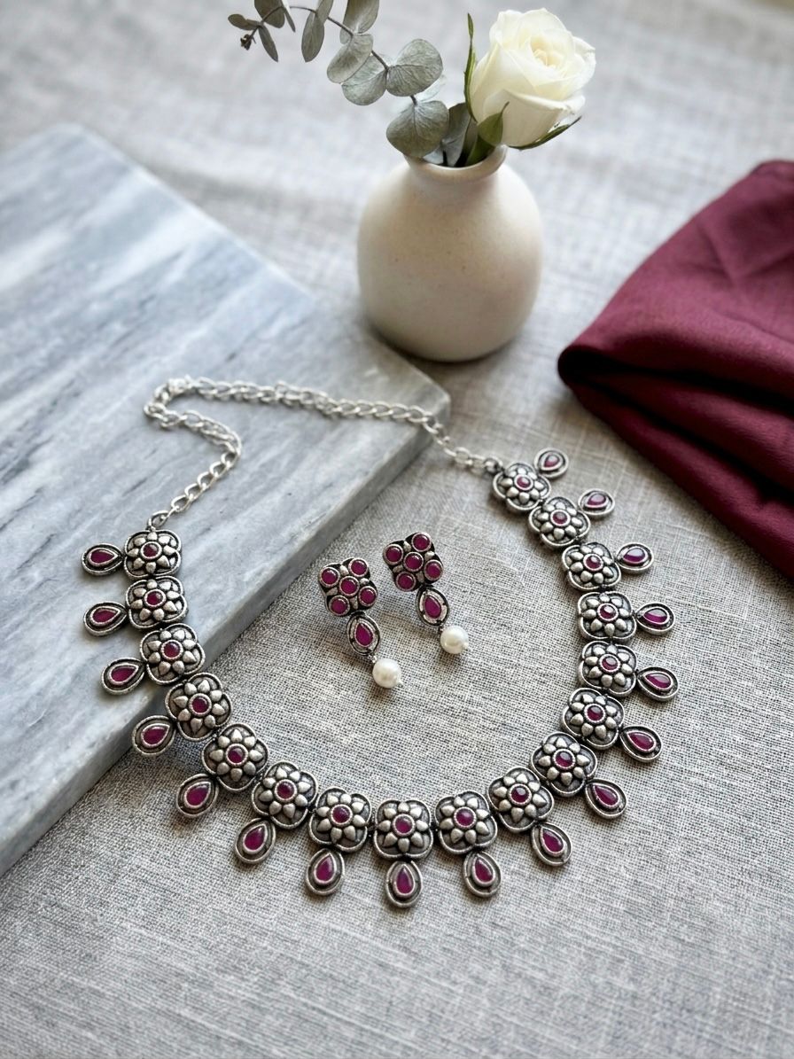 Oxidised Silver Floral Ruby Necklace Set,llb942