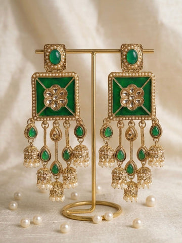 Green Kundan Chandelier Jhumka Earrings | llb943