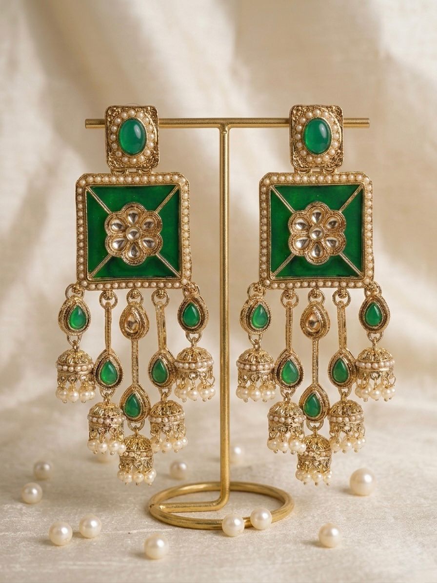 Green Kundan Chandelier Jhumka Earrings | llb943