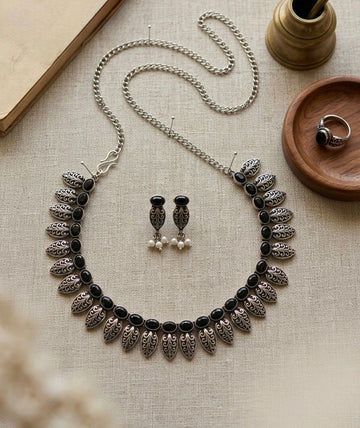 Oxidised Silver Leaf Necklace Set with Black  Stone | llb946