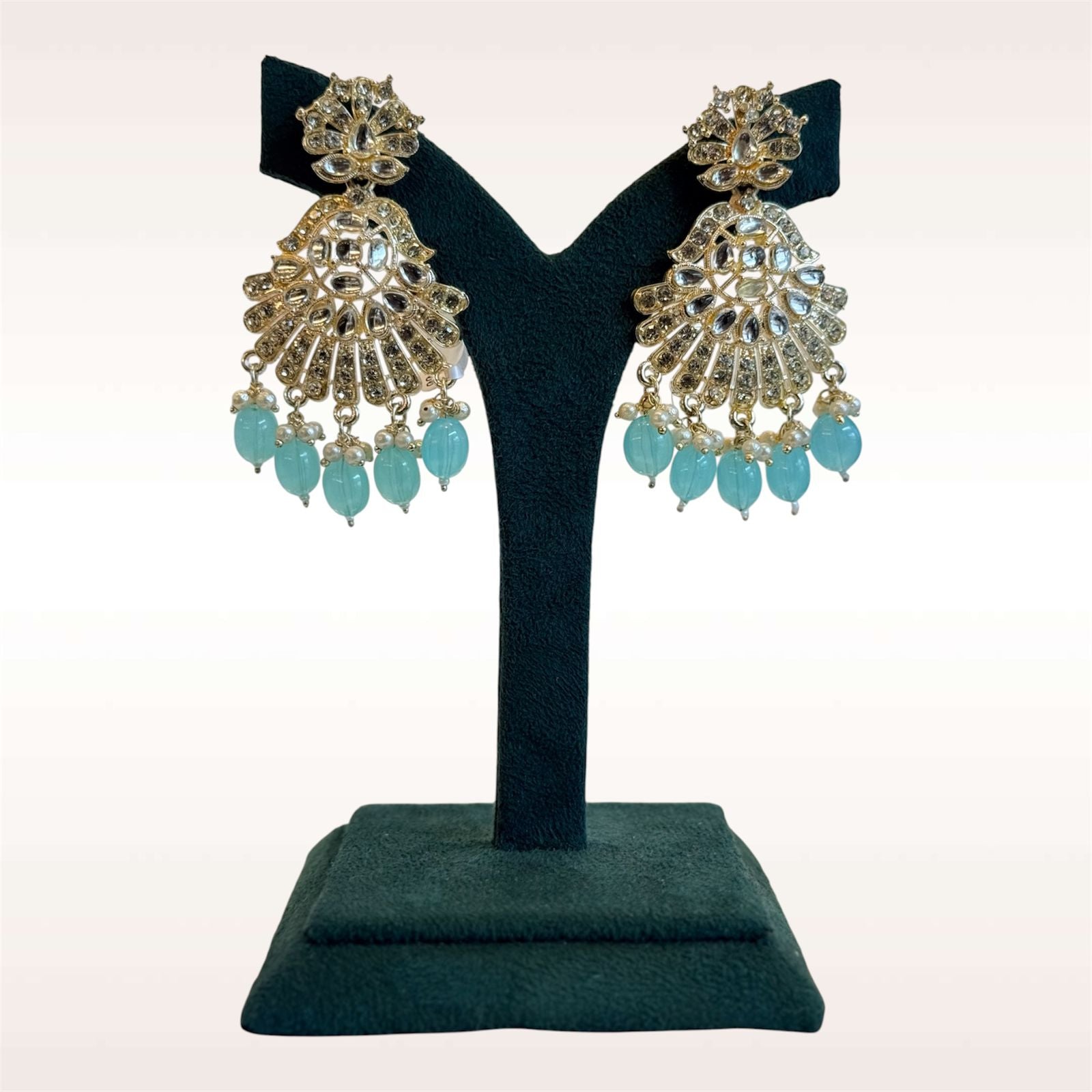 Silver Polki Chandbali Earrings with Aqua & Pearl Drops / llb989