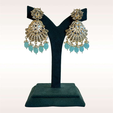 Silver Polki Chandbali Earrings with Aqua & Pearl Drops / llb989