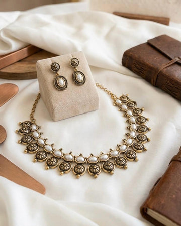 Pearl Antique Gold Floral Necklace & Earring Set,LLB933