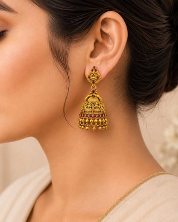 Temple Gold Jhumka Earrings with Ruby Stones | LLB0161
