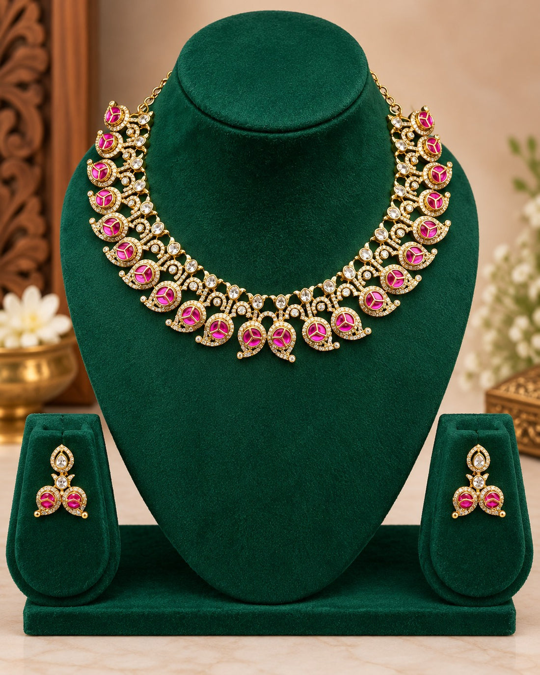 Ruby Pink American Diamond Set | ONK306