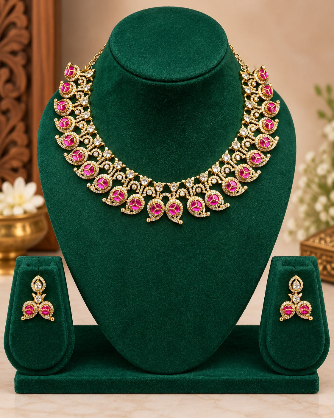 Ruby Pink American Diamond Set | ONK306