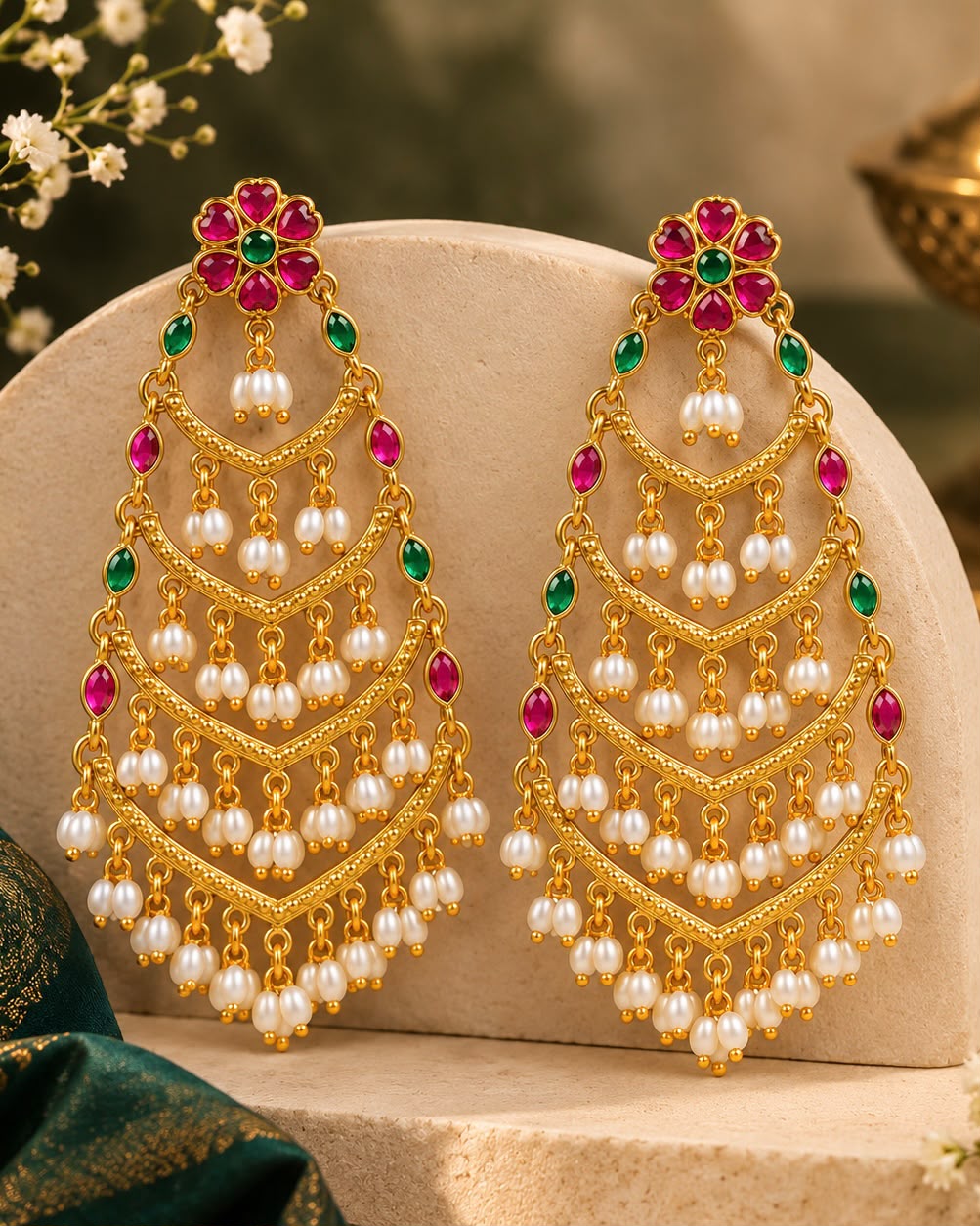 Gold Pearl Chandelier Jhumka Earrings | ONK326