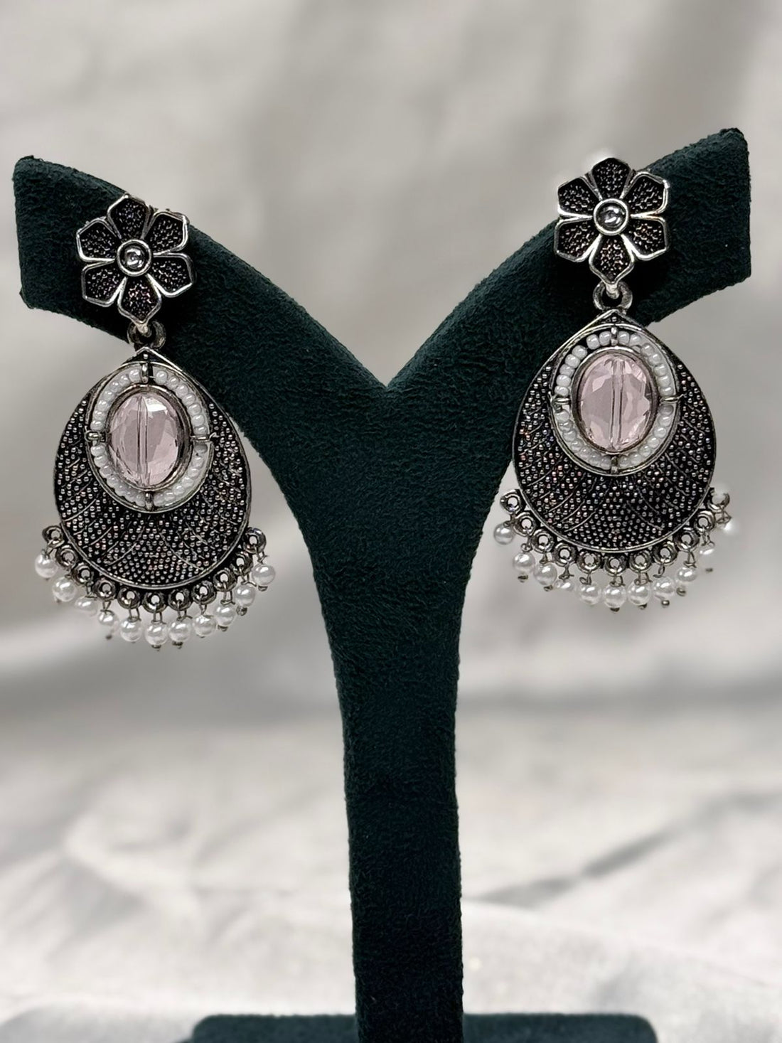 Oxidised Silver Drop Earrings with Stone & Pearl Hangings,llb 618
