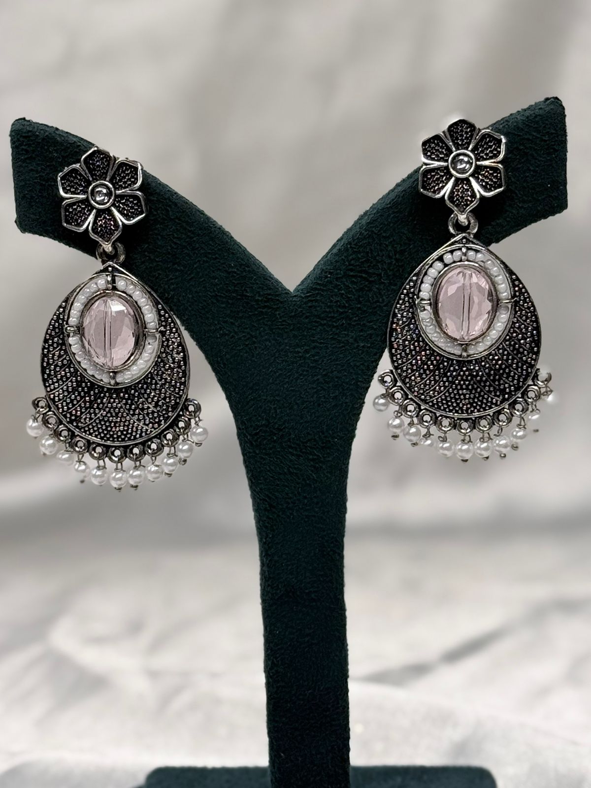 Oxidised Silver Drop Earrings with Stone & Pearl Hangings,llb 618