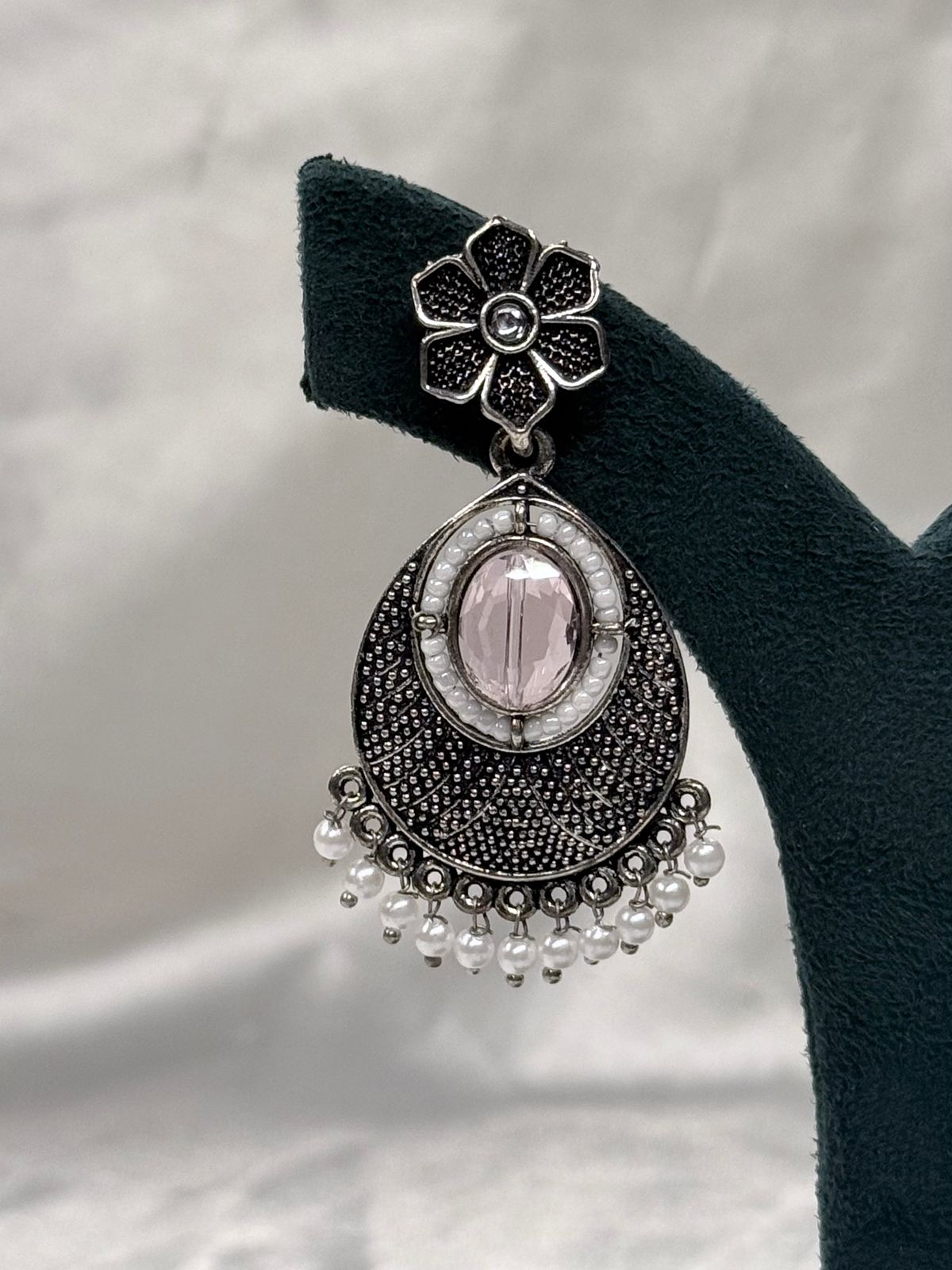 Oxidised Silver Drop Earrings with Stone & Pearl Hangings,llb 618