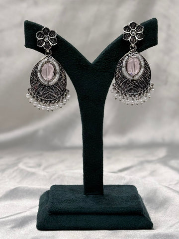 Oxidised Silver Drop Earrings with Stone & Pearl Hangings,llb 618