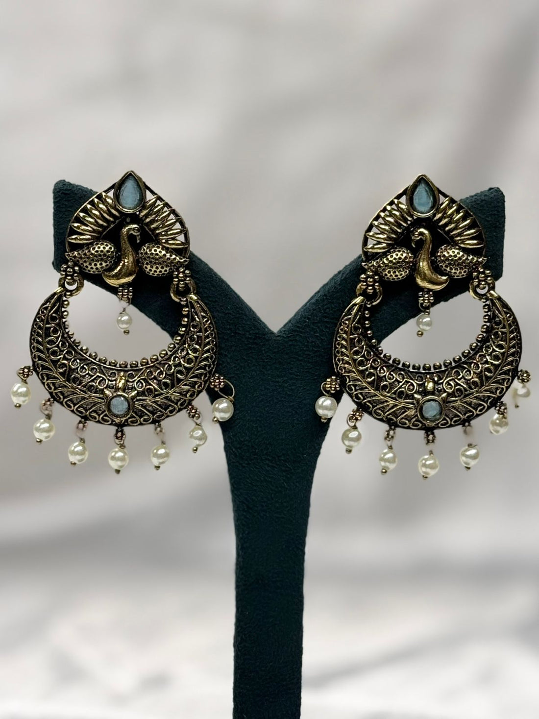 Peacock Design Oxidised Gold Earrings with Pearl Drops,llb619