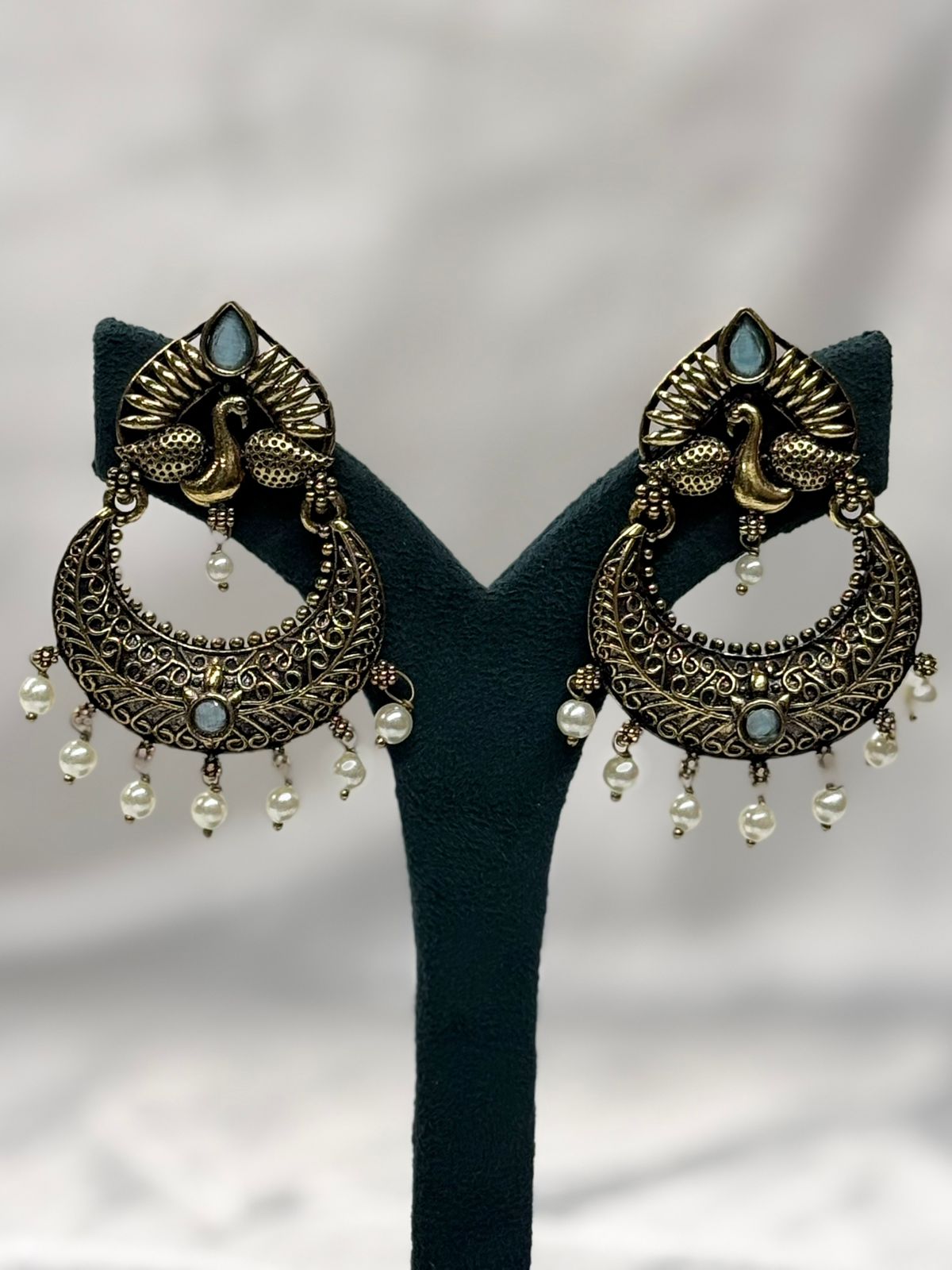Peacock Design Oxidised Gold Earrings with Pearl Drops,llb619