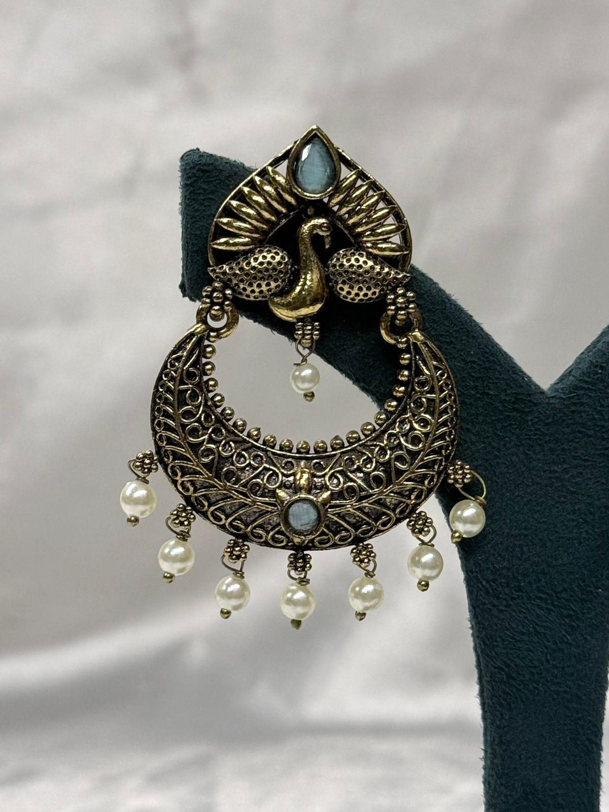 Peacock Design Oxidised Gold Earrings with Pearl Drops,llb619