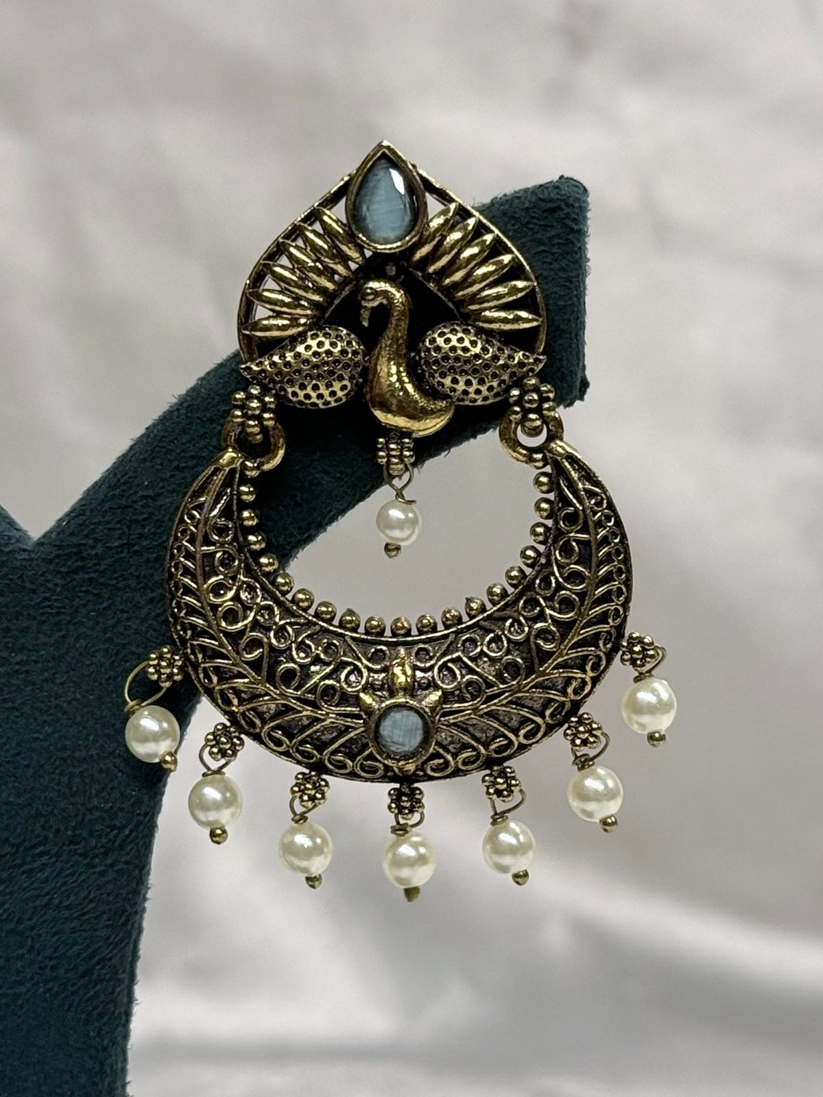 Peacock Design Oxidised Gold Earrings with Pearl Drops,llb619