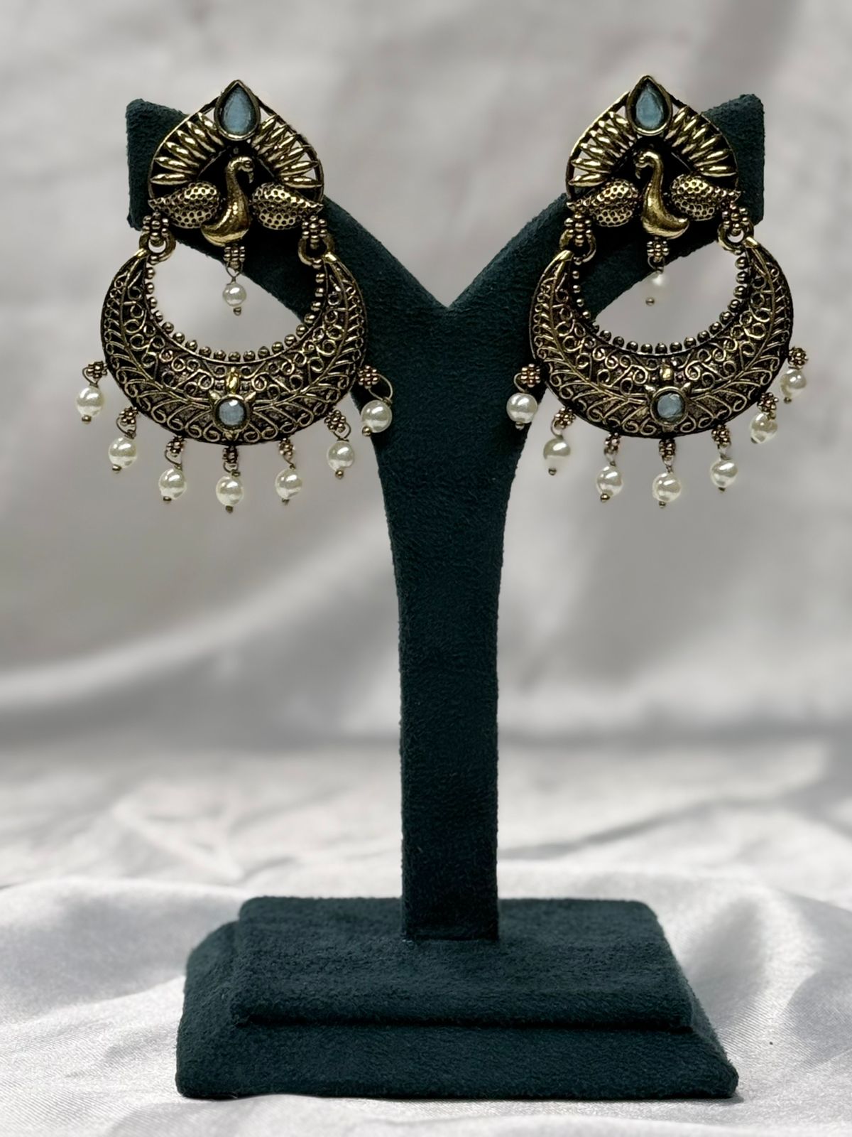 Peacock Design Oxidised Gold Earrings with Pearl Drops,llb619