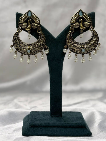 Peacock Design Oxidised Gold Earrings with Pearl Drops,llb619