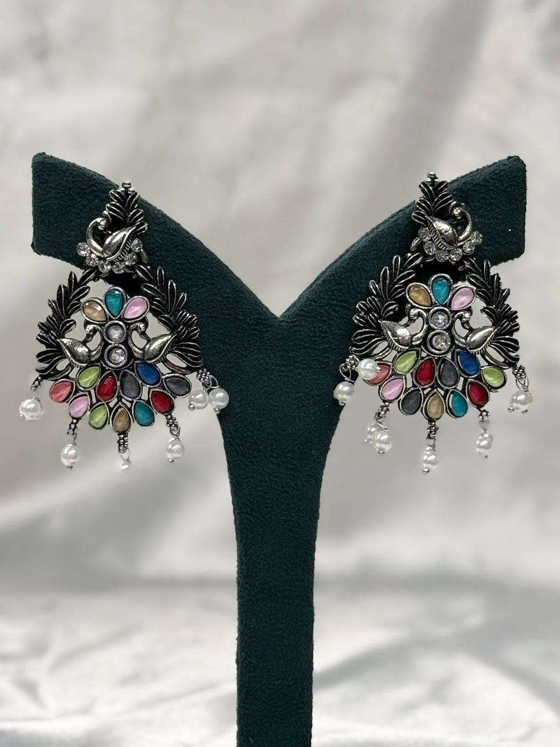 Oxidised Silver Multicolor Peacock Earrings with Pearl Drops,llb612
