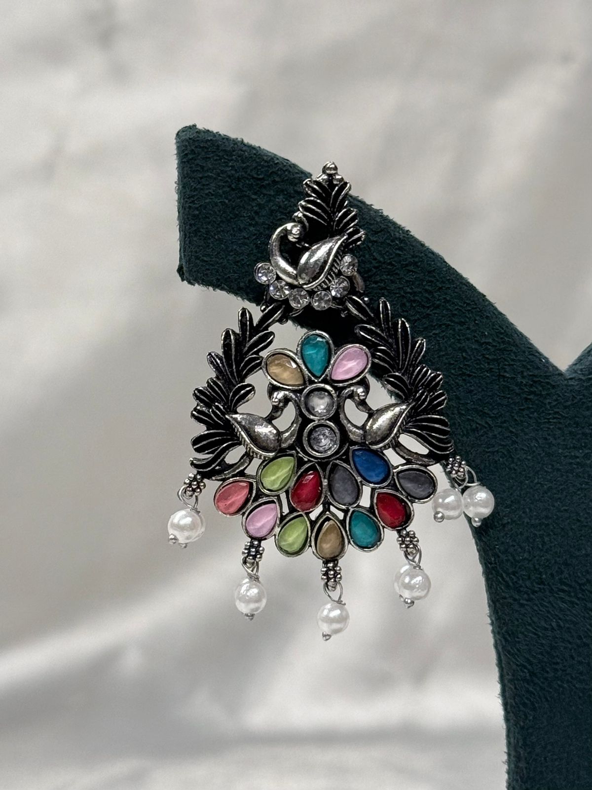 Oxidised Silver Multicolor Peacock Earrings with Pearl Drops,llb612