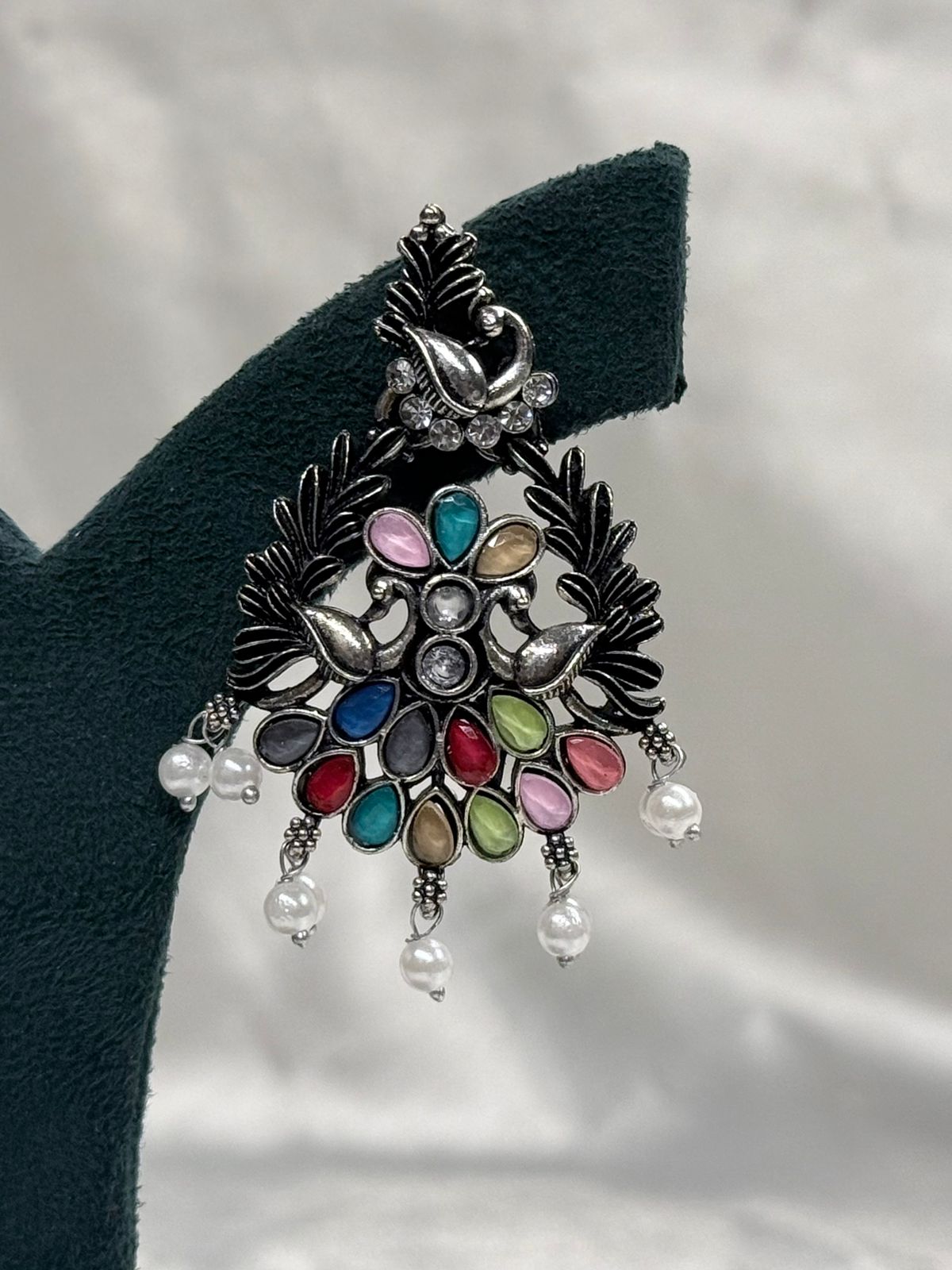 Oxidised Silver Multicolor Peacock Earrings with Pearl Drops,llb612