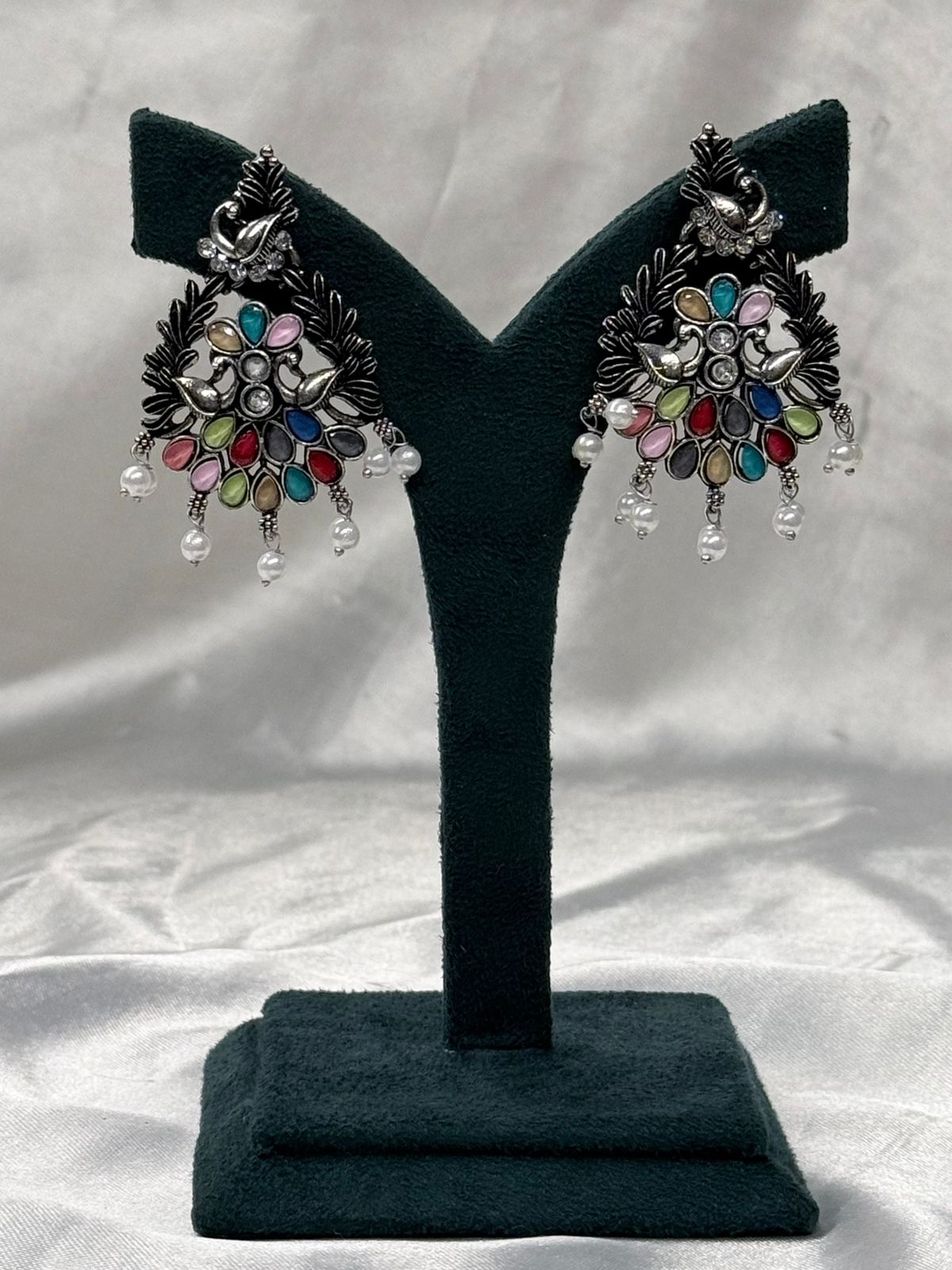 Oxidised Silver Multicolor Peacock Earrings with Pearl Drops,llb612