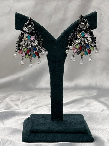 Oxidised Silver Multicolor Peacock Earrings with Pearl Drops,llb612