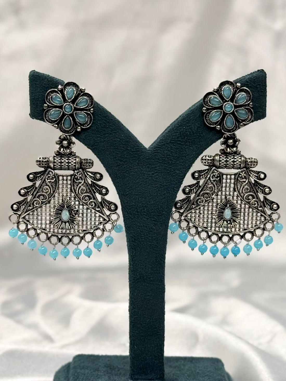 Oxidised Silver Blue Stone Jhumka Earrings with Bead Drops,llb614