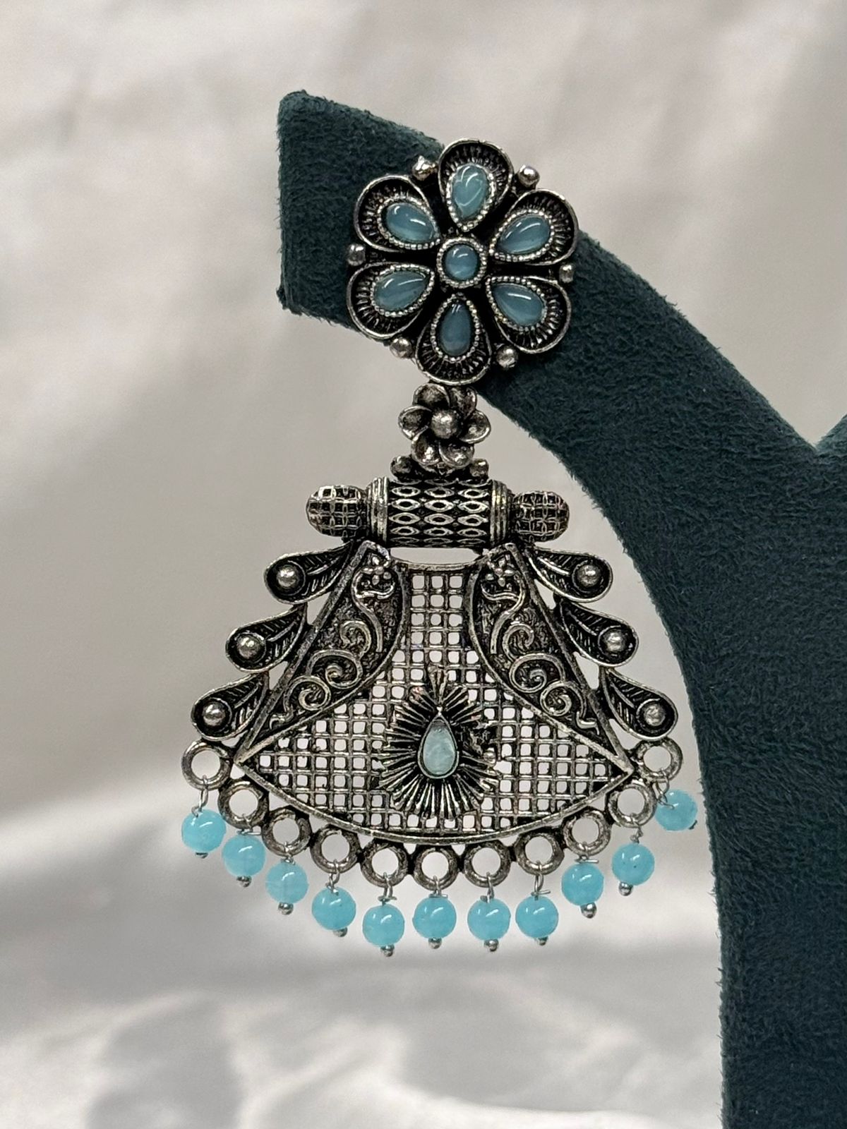Oxidised Silver Blue Stone Jhumka Earrings with Bead Drops,llb614