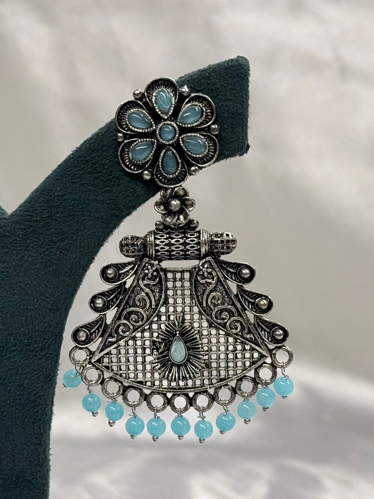 Oxidised Silver Blue Stone Jhumka Earrings with Bead Drops,llb614