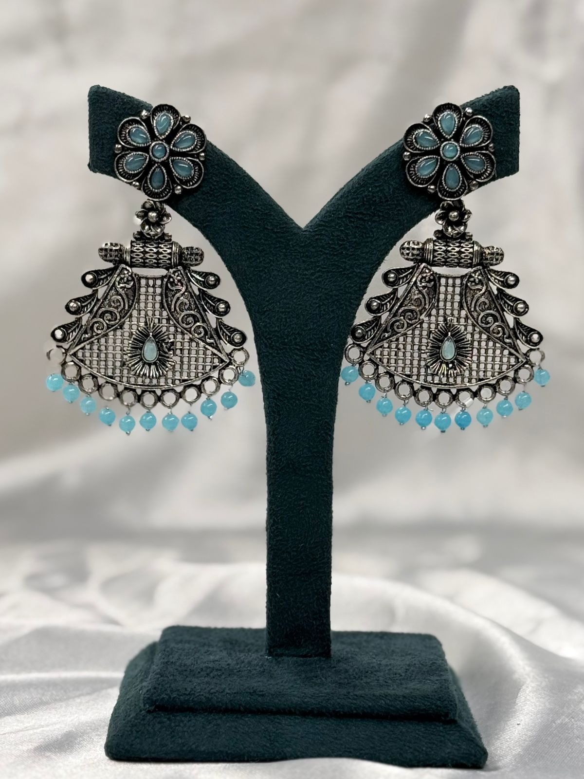 Oxidised Silver Blue Stone Jhumka Earrings with Bead Drops,llb614
