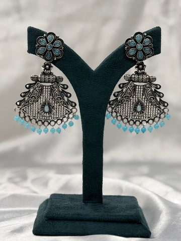 Oxidised Silver Blue Stone Jhumka Earrings with Bead Drops,llb614