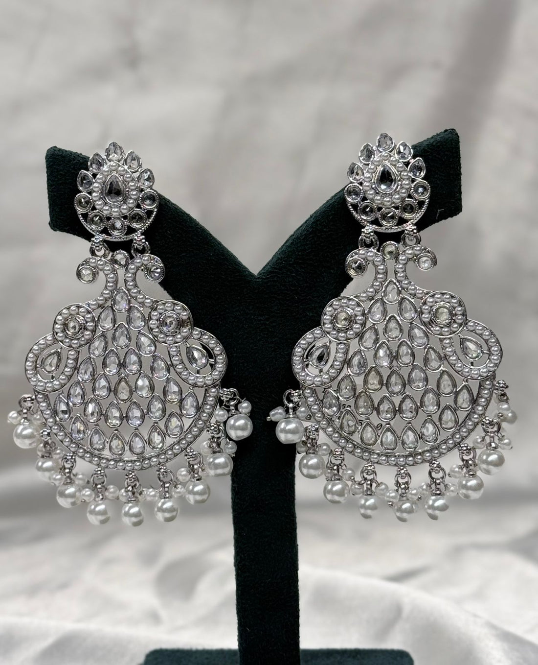 Silver Finish Kundan Chandbali Earrings with Pearl Drops,llb617